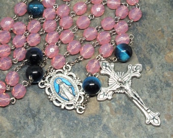 Czech Glass Rosary of Opal Rose Pink with Blue/Green Tiger Eye Our Father Beads, Miraculous Medal, 5 Decade Rosary, Large Size Rosary