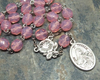 St. Therese of Lisieux Chaplet of Rose Pink Opal Czech Glass