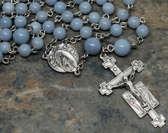 Gemstone Rosary of Angelite, Adoring Angels Rosary, 5 Decade Rosary, Catholic Rosary, Miraculous Medal, Angelite Rosary