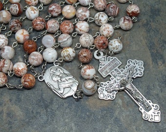 St Christopher Rosary, Red Crazy Lace Agate Gemstone Rosary, Mexican Agate Rosary, Pardon Crucifix, Saint Rosary