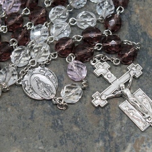Lenten Rosary of Amethyst, Pink, and Clear Czech Glass, 5 Decade Rosary, Miraculous Medal Center with Adoring Angels, Advent Rosary, Large