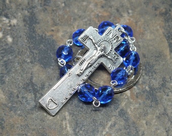 Sapphire Czech Glass Irish Penal Rosary, September Birthstone Chaplet, Tenner Chaplet, Pocket Rosary, Single Decade Rosary