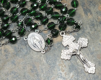 Czech Glass Rosary in Emerald Green, Birthstone for May, 5 Decade Rosary, Miraculous Medal, Pardon Crucifix, Large Size Rosary