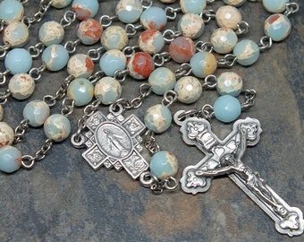 Icy Blue Imperial Jasper Gemstone Rosary, 5 Decade Rosary, Catholic Rosary, Miraculous Medal