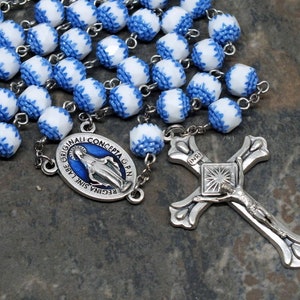 Czech Glass Rosary of Cathedral Beads in Blue and White with Blue Miraculous Medal, 5 Decade Rosary, Catholic Rosary, Marian Rosary