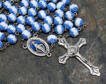 Czech Glass Rosary of Cathedral Beads in Blue and White with Blue Miraculous Medal, 5 Decade Rosary, Catholic Rosary, Marian Rosary