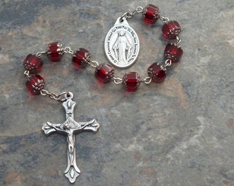 Ten Virtues of Mary Chaplet in Siam Ruby Czech Glass Cathedral Beads, Mary Chaplet, 1 Decade Chaplet, Single Decade Rosary, Miraculous Medal