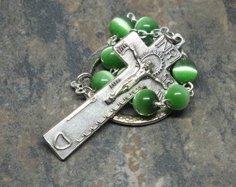 Green Cat's Eye Irish Penal Rosary, Tenner Rosary, Pocket Chaplet, May Birthstone Chaplet, Single Decade Rosary