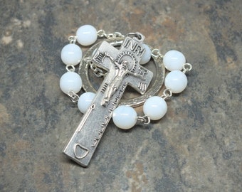 Czech Glass Irish Penal Rosary in White Opal, One Decade Chaplet, Tenner Chaplet