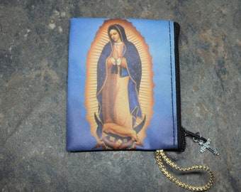 Our Lady of Guadalupe Zipper Rosary Case of Imitation Leather with a Cross Zipper Pull *Rosary Not Included*