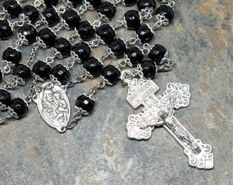 Black Onyx Gemstone Rosary with St. Joseph Centerpiece, Large Size, Pardon Crucifix, Traditional Rosary