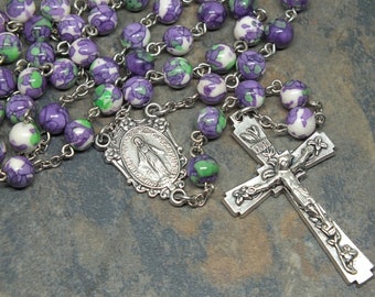 Rainflower Jade Gemstone Rosary of Purple and Green, Miraculous Medal, Floral Rosary, Feminine Rosary, 5 Decade Rosary, Catholic Rosary