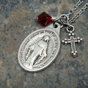 Miraculous Medal Necklace with Swarovski Crystal Element and Cross Charms; Catholic Jewelry; Religious Necklace; Catholic Necklace