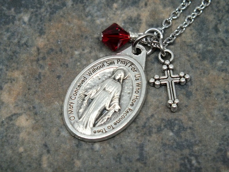 Miraculous Medal Necklace with Swarovski Crystal Element and Cross Charms Catholic Jewelry Religious Necklace Catholic Necklace image 1