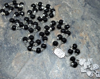 Black Onyx Gemstone Rosary with St. Christopher, Extra Large Size