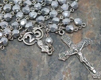 Silver Czech Glass Anniversary Rosary, Silver Anniversary, 25th Anniversary, Catholic Rosary, Special Occasion Rosary