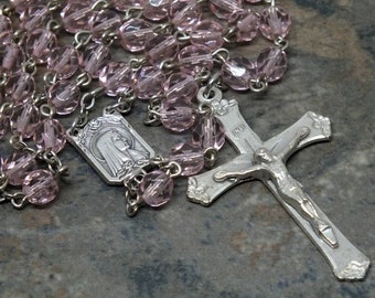 Czech Glass Rosary in French Pink, 5 Decade Rosary, Our Lady of Fatima Rosary, Catholic Rosary