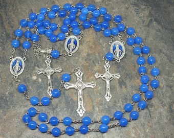 Rosary Set of Blue Agate Gemstone, 5 Decade Rosary, Car/Auto Rosary, Single Decade Pocket Rosary, Miraculous Medal