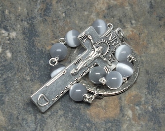 Irish Penal Chaplet of Glass Cat's Eye in Dove Gray, Pocket Chaplet, Tenner Chaplet, Single Decade Chaplet