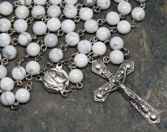 Gemstone Rosary of White Howlite, 5 Decade Traditional Catholic Rosary