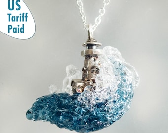 Blown Glass Ocean Wave Necklace: Sterling Silver Lighthouse Pendant