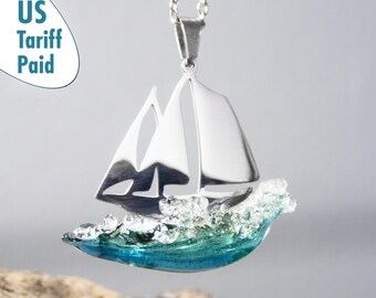 Glass Ocean Wave Sailboat Necklace: Waterproof Steel Pendant