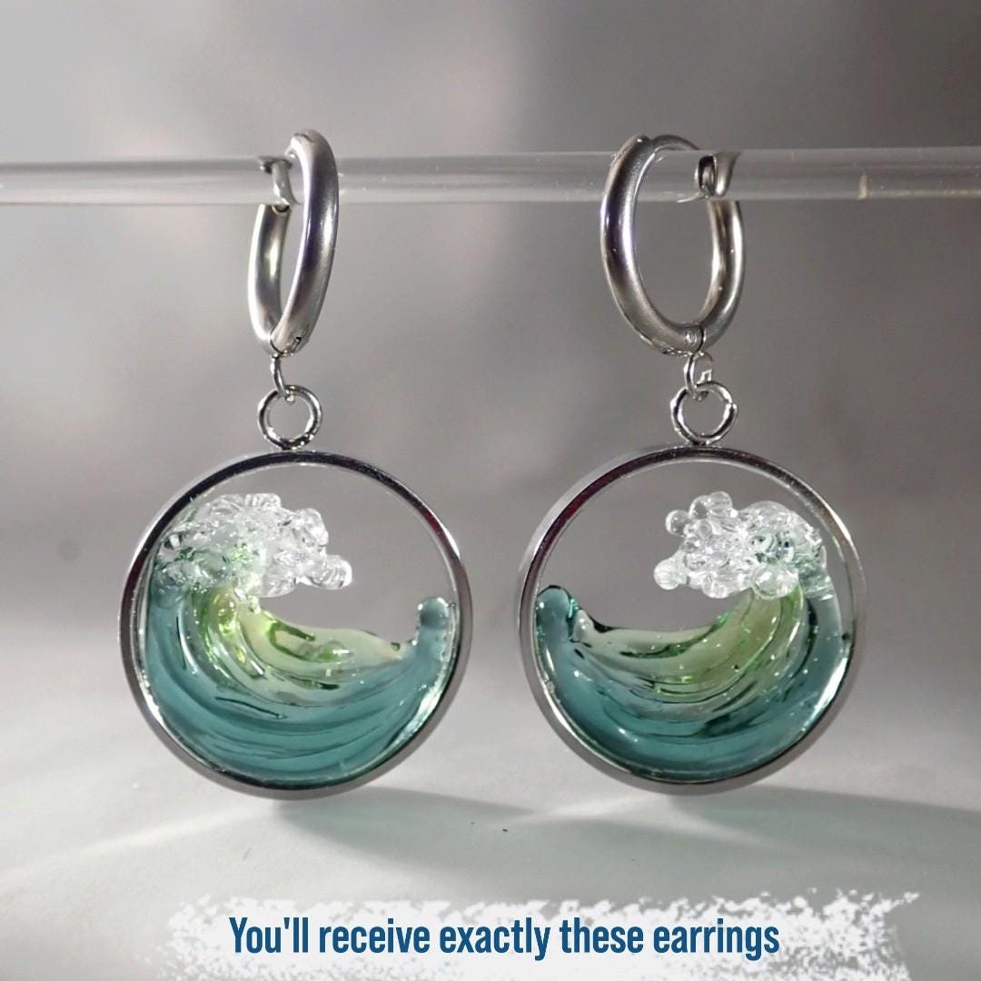 Ocean Inspired Style Open Circle Earrings With a Blown Glass Wave ...