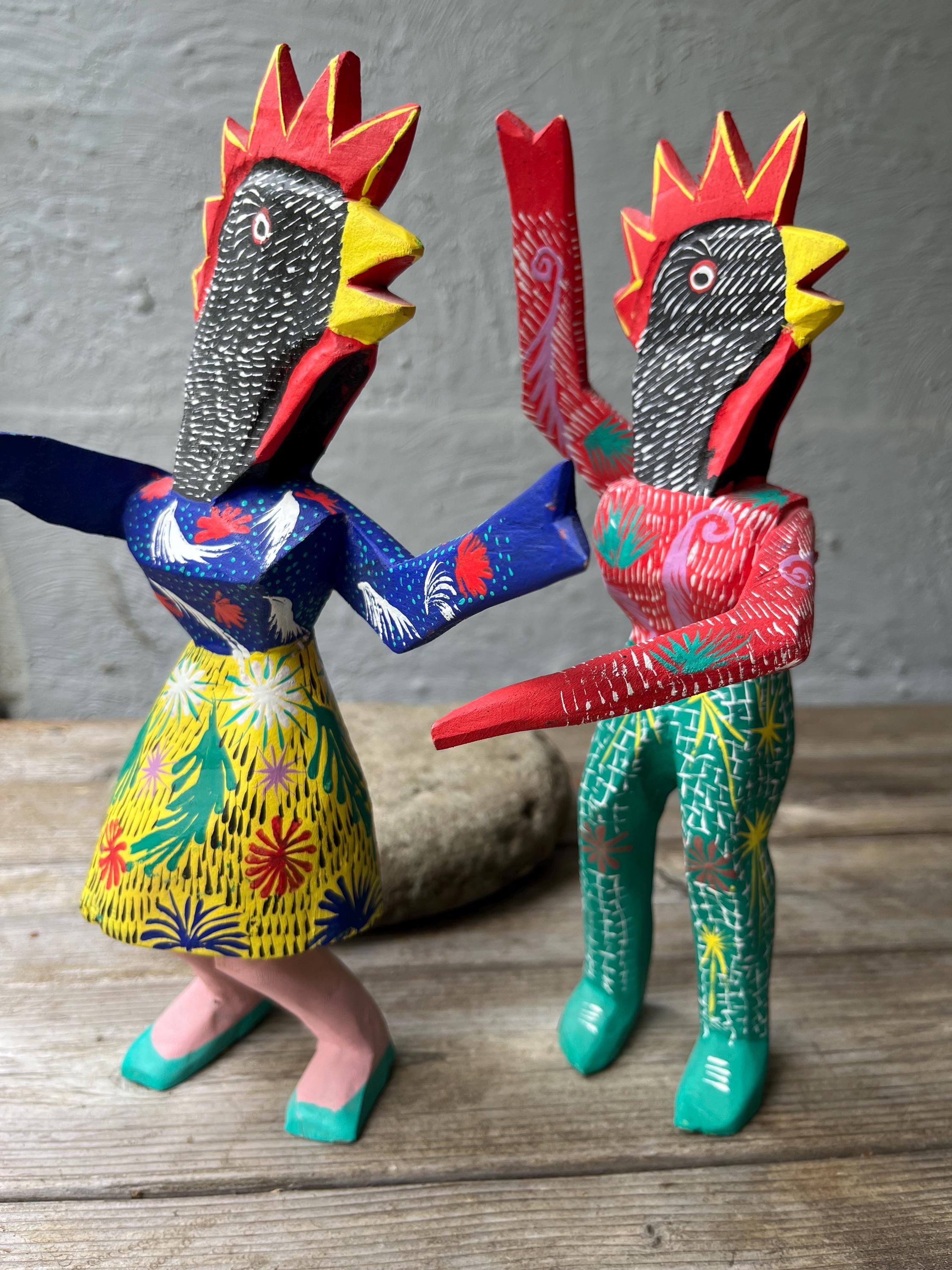 Vintage Oaxacan Wood Carving, Alebrijes DANCING CHICKENS, Ventura