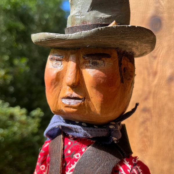 Vintage Primitive Folk Art Carved Wood Doll Articulated COWBOY Man, Hand Painted, Lee Jeans and Boots