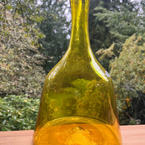 Vintage Blenko Decanter With Out Flame Stopper, Design by Wayne Husted, Amber Yellow with Original Paper Label, 6122-M