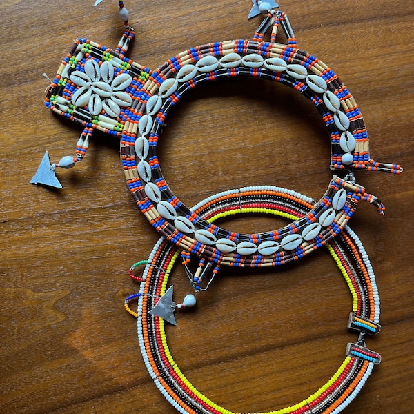 Two Colorful Vintage Hand Beaded Maasai Collar Necklaces.