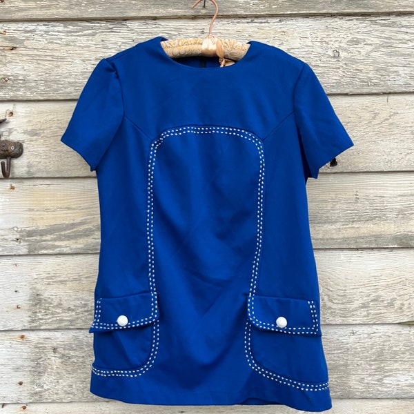 Vintage Handmade Blue Mod Tunic or Short Dress with White Hand Stitching, Short