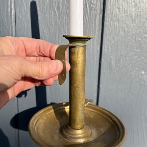 Vintage, Rustic, Antique 19th Century,  Brass Chamberstick, Candlestick, Push-Up, Hog Scraper Finger Chamber with Finger Lift