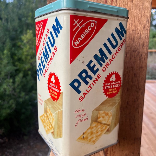 Vintage Premium Saltine/Saltinas Cracker Tin Nabisco Bi-Lingual Cracker Can Red, White & Blue, English and Spanish, Great Shape