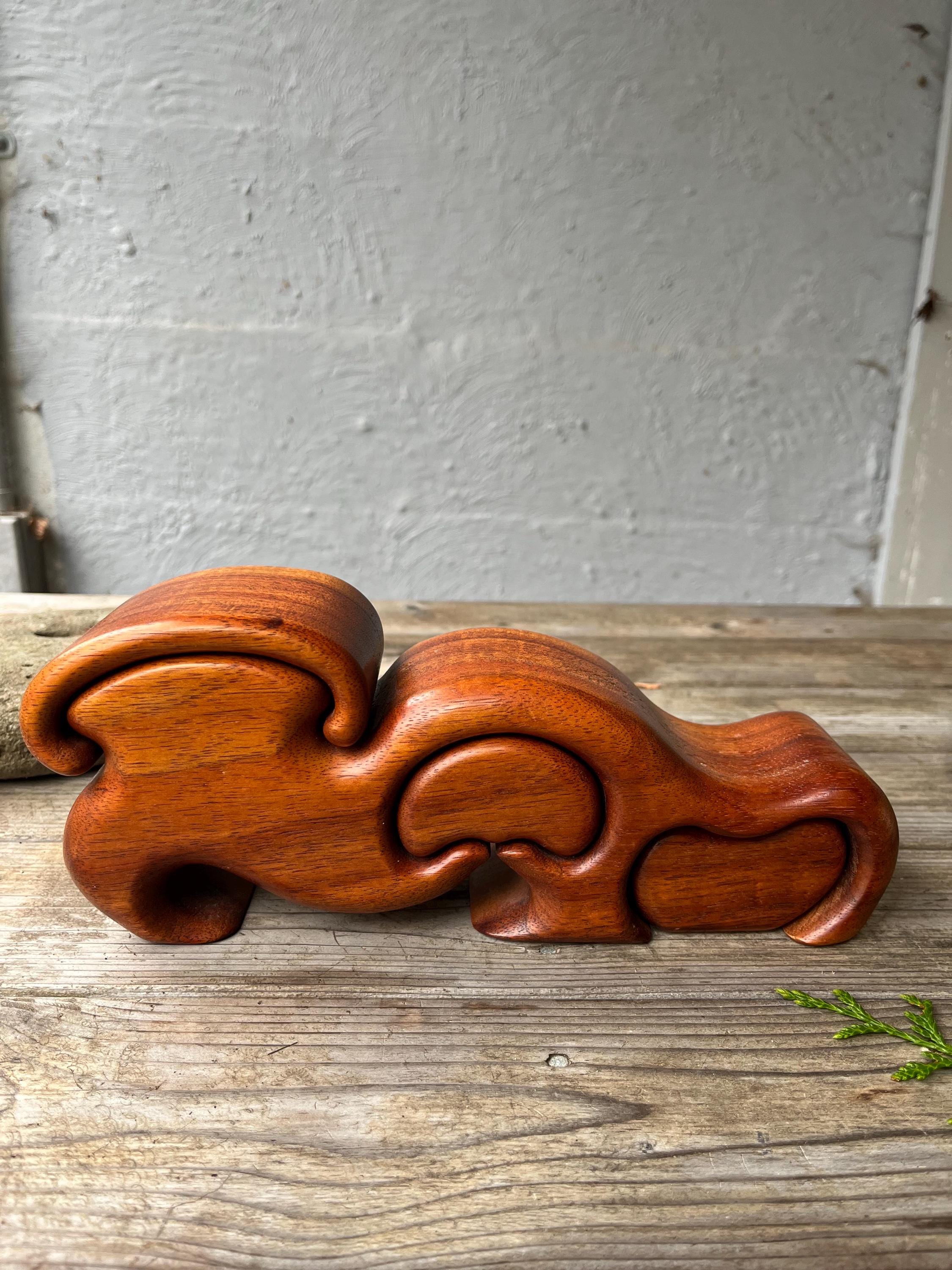 Vintage Hand Carved Organic Puzzle Jewelry / Trinket 3 Drawer Band-Sawn Box Made of Koa Wood by Fred and Marilyn Buss, Stamped, Sculptural