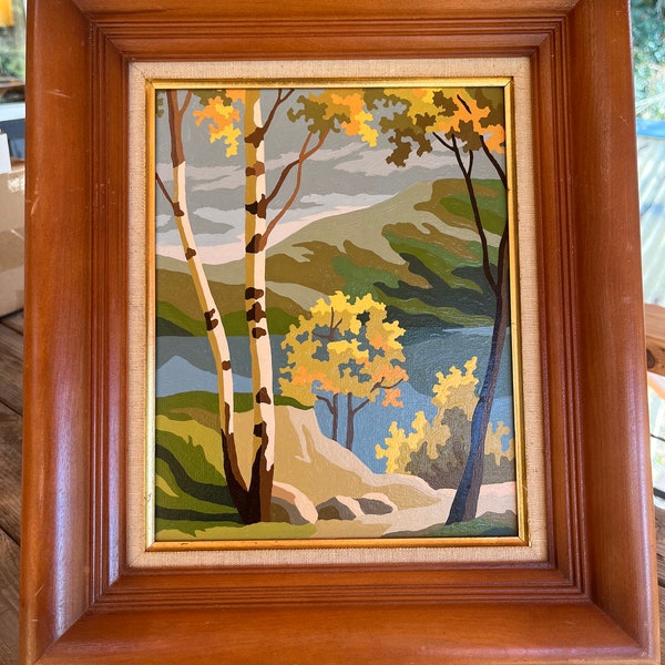 Vintage PBN Paint by Number Painting "The Birches" Craft Master Mid Century Landscape Framed Trees Woods Forest