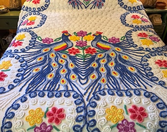 Vintage 1950s Chenille Bedspread With Two Peacocks & Floral Design, No Fringe