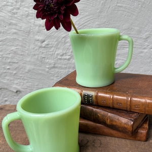 May include: Two light green glass mugs with a smooth, glossy finish and a curved handle. One mug contains a single dark burgundy dahlia flower with a thin green stem. The mugs are positioned near a stack of two brown leather-bound books.