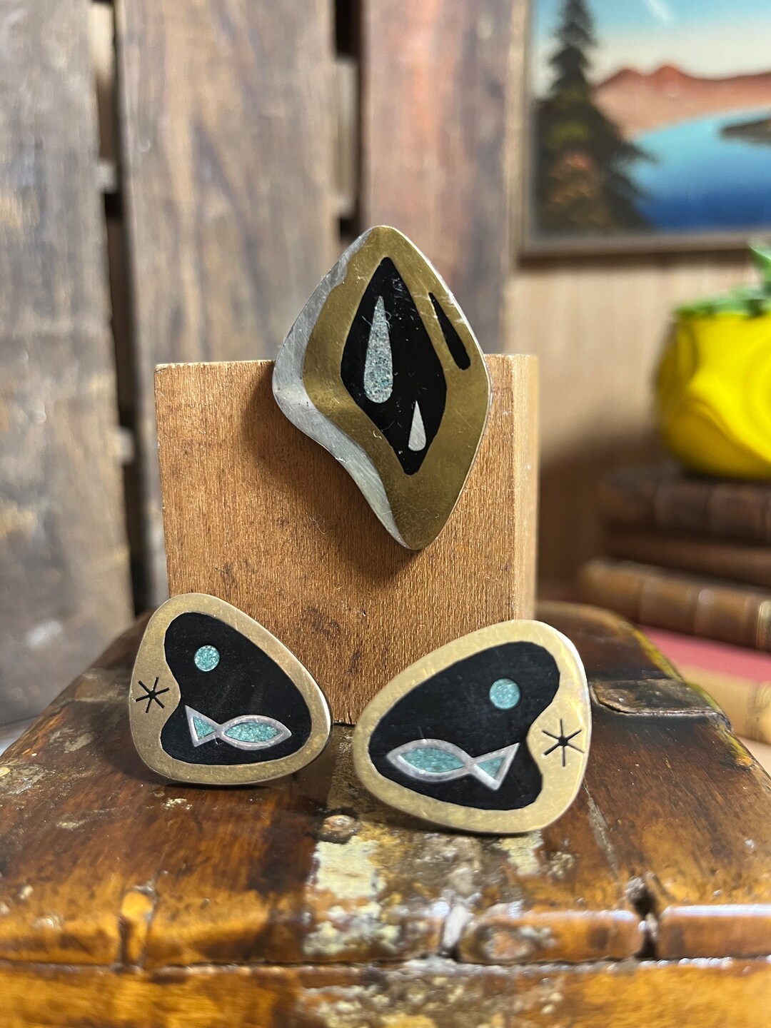 Inlay Fish Mid-century Sterling Silver Inlay Fish Brooch and Earrings Set, TAXCO ...