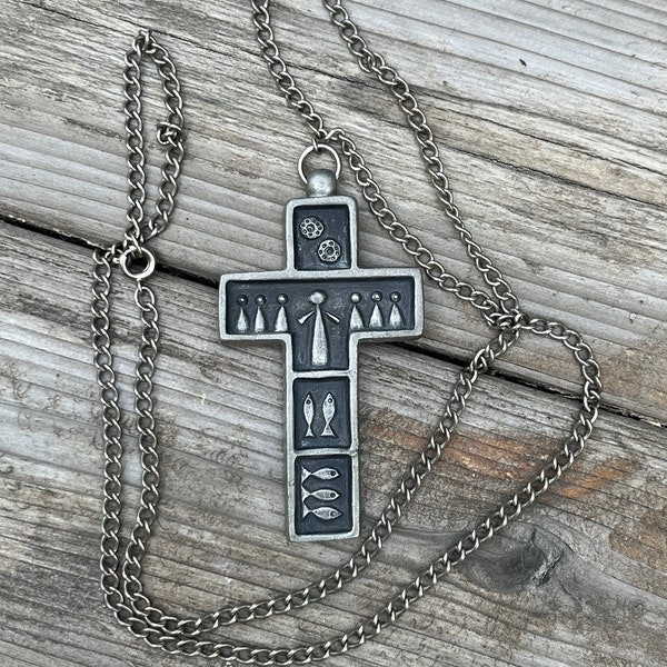 R Landerholm Tenn Silver Tone Pewter Cross MCM Pendant Chain