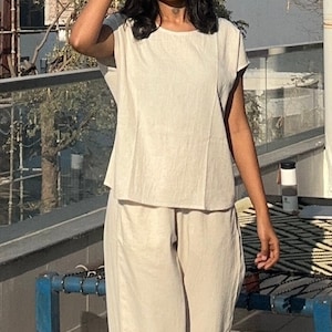 Pure khadi cotton sleeveless top and bottom set for women
