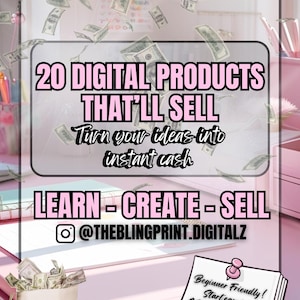 Op de afbeelding: Roze en witte afbeelding die digitale producten promoot. Tekst bevat "20 digitale producten die zullen verkopen", "Verander je ideeën in direct contant geld" en "Leer - Creëer - Verkoop". Een geldbuidel en vallende dollarbiljetten zijn ook te zien.
