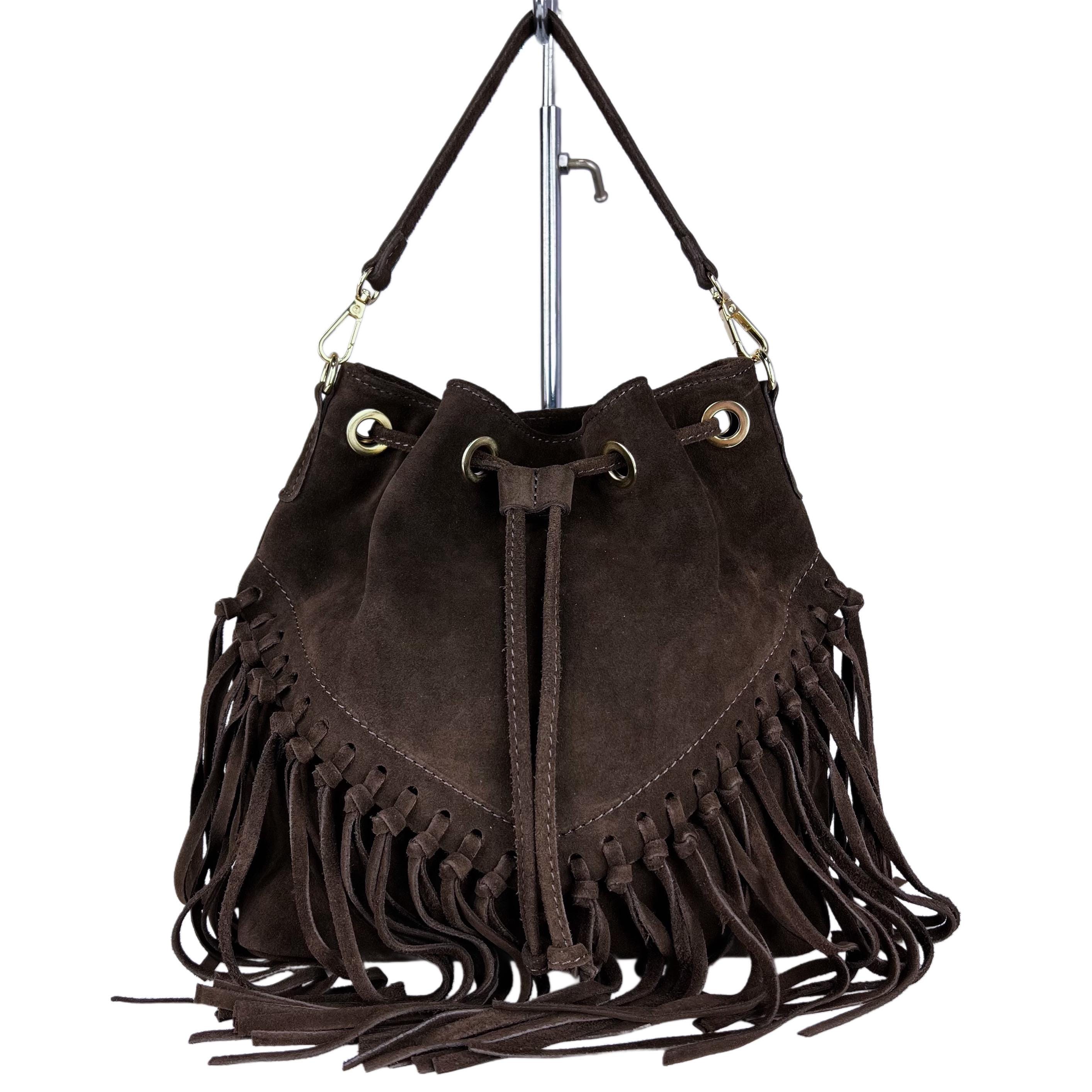 Bucket Bag in Real Suede, Bag With Fringes, Bucket Bag