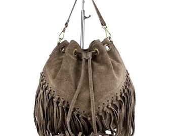 ☆MCLANEE☆ Belted suede bucket bag belted_suede Beige Cow Suede Belted Bucket Bag | Liffner