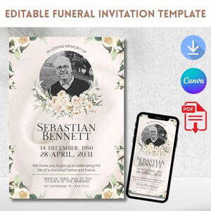Bewerkbare begrafenisuitnodiging, herdenkingsuitnodiging, het leven vieren, In Loving Memory, mobiele uitnodiging, begrafenisaankondiging, begrafenis Evite