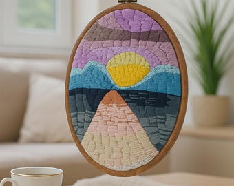 Embroidered Sunset Landscape Wall Art in Oval Wooden Frame