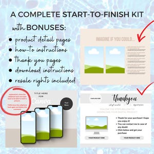 May include: A digital product kit with a complete start-to-finish guide, including product detail pages, how-to instructions, thank you pages, download instructions, and resale rights. The kit includes a Canva template with a title, text, and three phone mockups. The kit also includes a thank you page with a download button and instructions.