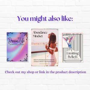 K&ouml;nnte beinhalten: Drei digitale Planer-Cover mit motivierenden Texten. Das erste Cover ist rosa und blau mit dem Text "Dream Life" und "Manifesting Planner". Das zweite Cover ist ein Foto einer Frau in einem wei&szlig;en Kleid mit dem Text "Abundance Mindset" und "How to program your mind to attract money and prosperity". Das dritte Cover ist schwarzwei&szlig; mit einem Kolibri und dem Text "Limiting Beliefs" und "Guide & Workbook".