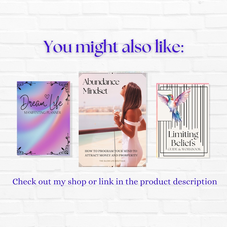 K&ouml;nnte beinhalten: Drei digitale Planer-Cover mit motivierenden Texten. Das erste Cover ist rosa und blau mit dem Text "Dream Life" und "Manifesting Planner". Das zweite Cover ist ein Foto einer Frau in einem wei&szlig;en Kleid mit dem Text "Abundance Mindset" und "How to program your mind to attract money and prosperity". Das dritte Cover ist schwarzwei&szlig; mit einem Kolibri und dem Text "Limiting Beliefs" und "Guide & Workbook".