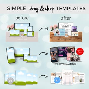 May include: A graphic showing before and after examples of how to use simple drag and drop templates to create marketing materials. The before images show a simple landscape scene with a computer, laptop, and phone. The after images show the same scene with marketing materials added, such as a live masterclass, a 100-day challenge, and a how-to guide.